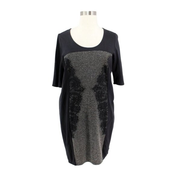 Lane Bryant Black Gray Ponte Knit Lace Short Sleeve Sheath Dress Plus Size 18 - Picture 1 of 5